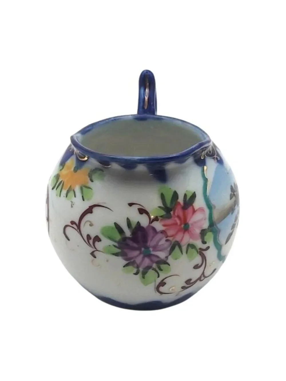 Geishaware Hand Painted Porcelain Creamer Cobalt Blue Floral Meiji Japan Antique